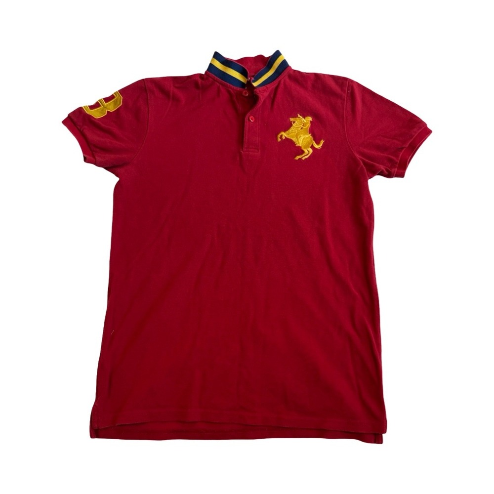 Giordano Polo Shirt Mens Medium Red Tapered Fit Gold Horse Crest Short Sleeve